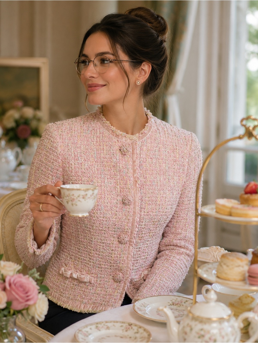 Anthropologie Elevenses Pink Bouclé Tweed Jacket Velvet Bow Fringe Size 8